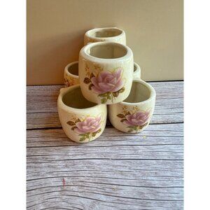 Vintage Ceramic Rose Napkin Rings Set of 6 | Floral Table Decor | Crazing
